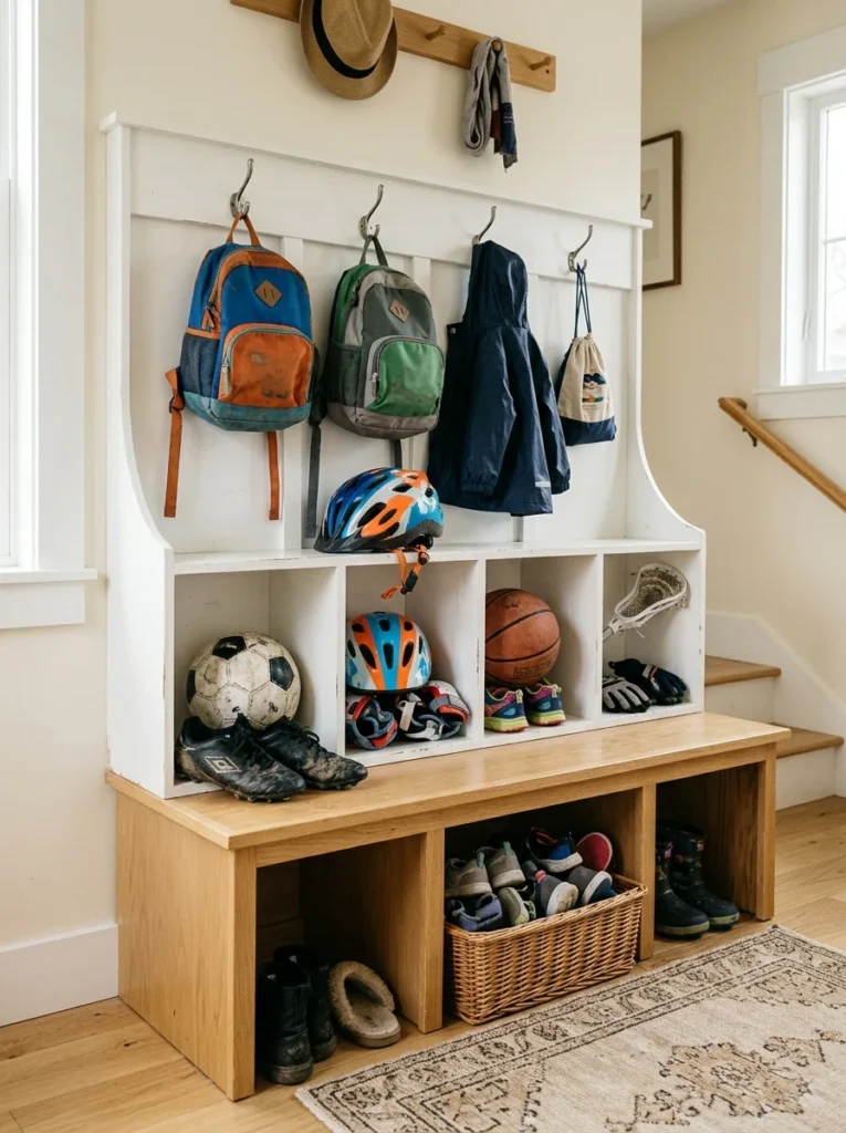Open mudroom cubbies providing easy storage for helmets, cleats, and sports equipment.