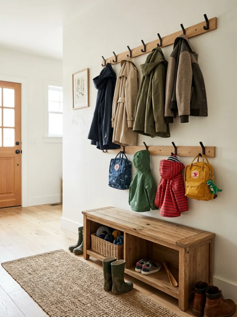 Low wall hooks allowing children to hang backpacks and coats in a family mudroom.