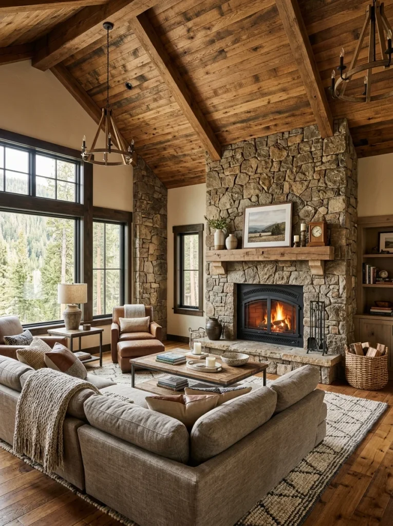 Reclaimed hardwood flooring installed on a ceiling.