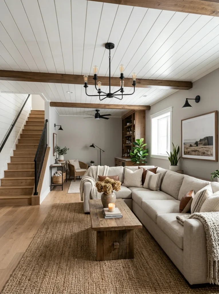White shiplap ceiling brightening a finished basement.