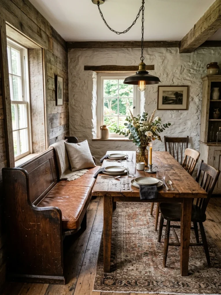 Vintage church pew transformed into banquette seating.