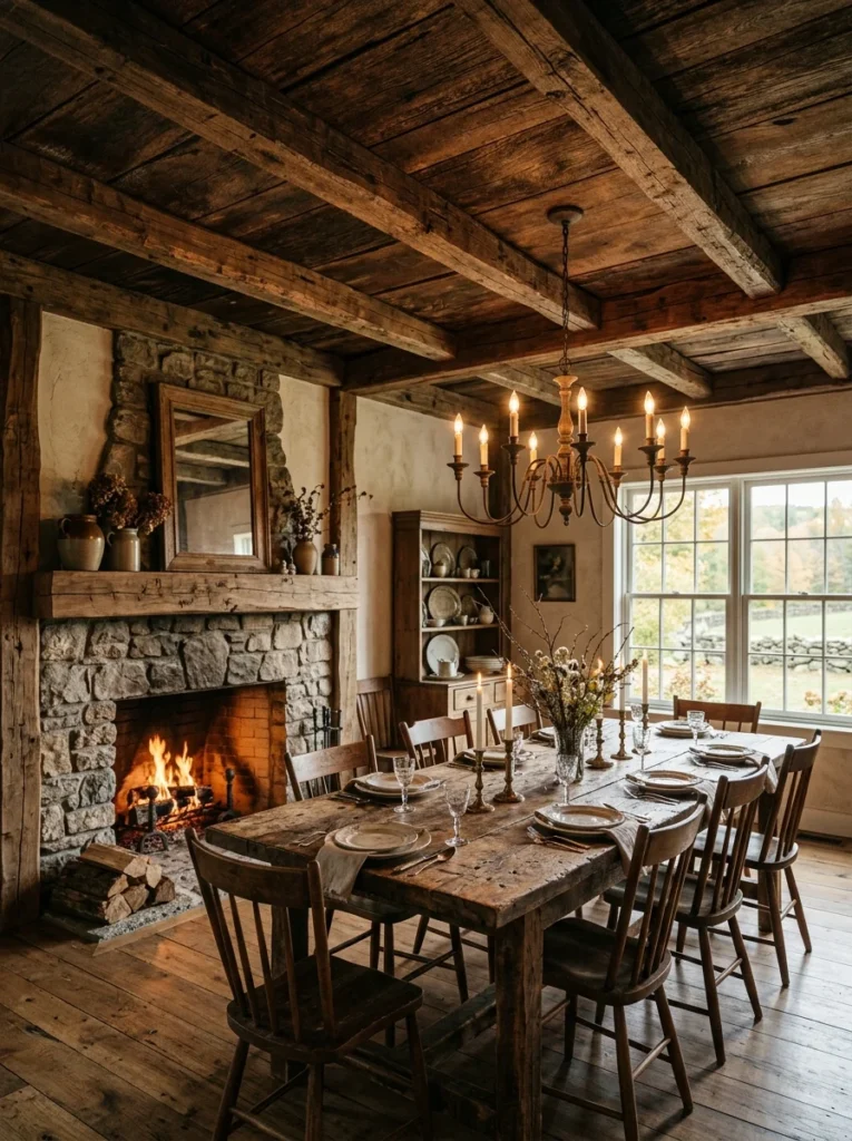 Salvaged barn wood ceiling with authentic rustic character.