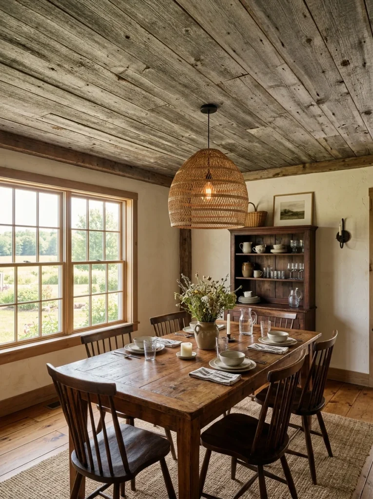 Weathered cedar fence boards used as a ceiling.