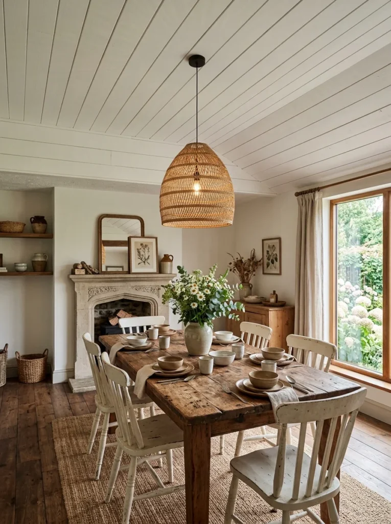 White shiplap ceiling creating a farmhouse dining room.