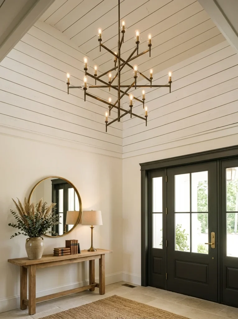 White shiplap entryway ceiling paired with a large statement chandelier.
