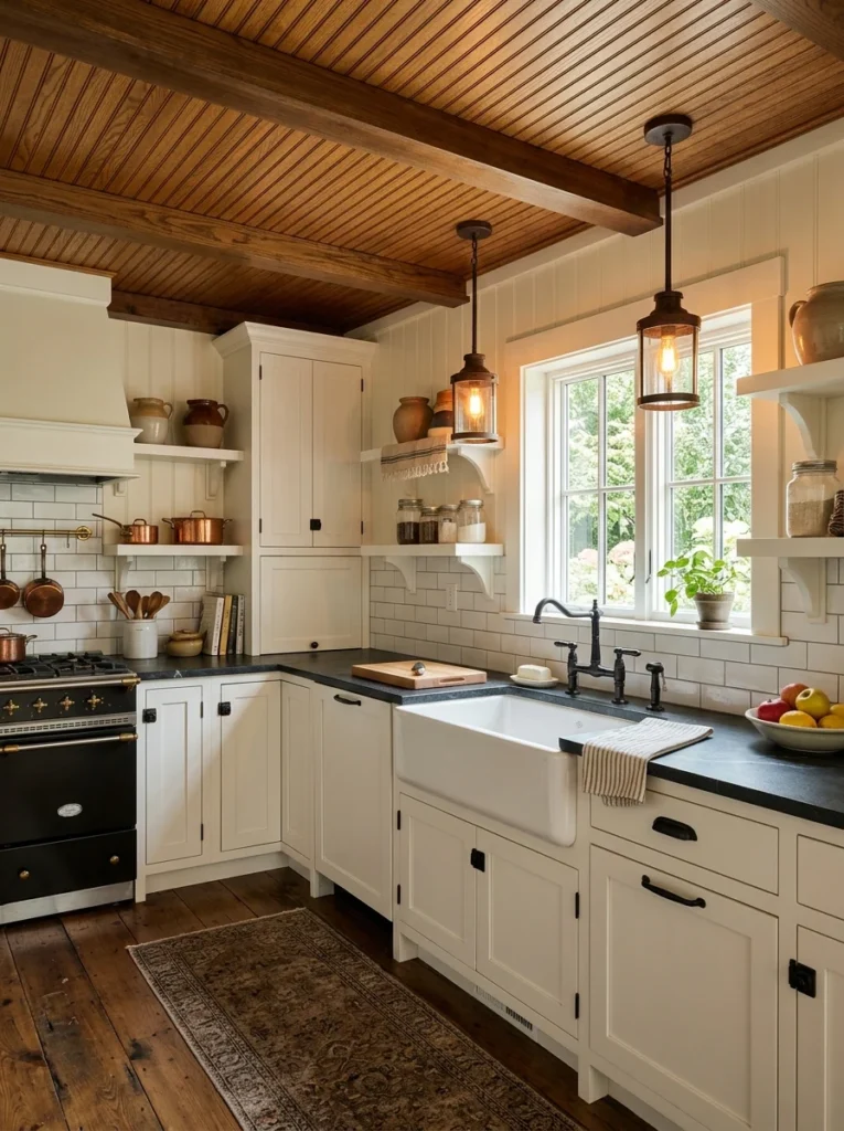 Warm stained beadboard ceiling in a farmhouse kitchen.