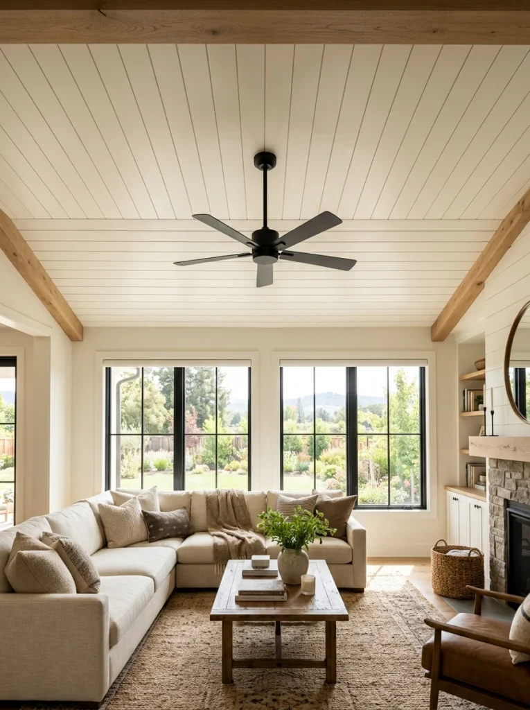 Painted MDF faux shiplap ceiling creating an affordable shiplap look in a guest bedroom.