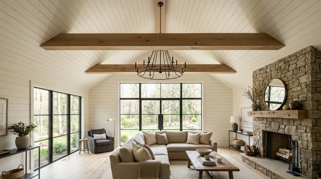 Vaulted white shiplap ceiling with natural wood beams and statement chandelier in a modern farmhouse living room.