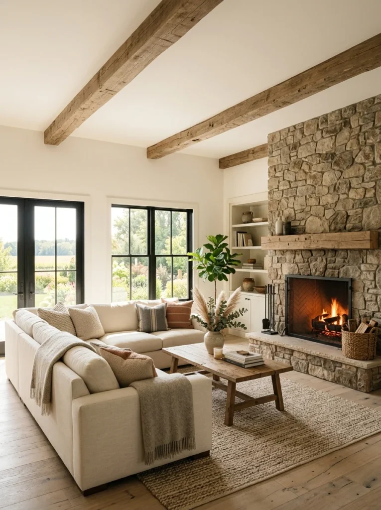 Faux wood beams decorating a smooth ceiling.