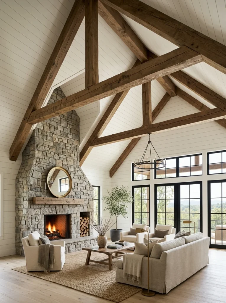 Vaulted white shiplap ceiling with exposed natural wood beams in a farmhouse living room.