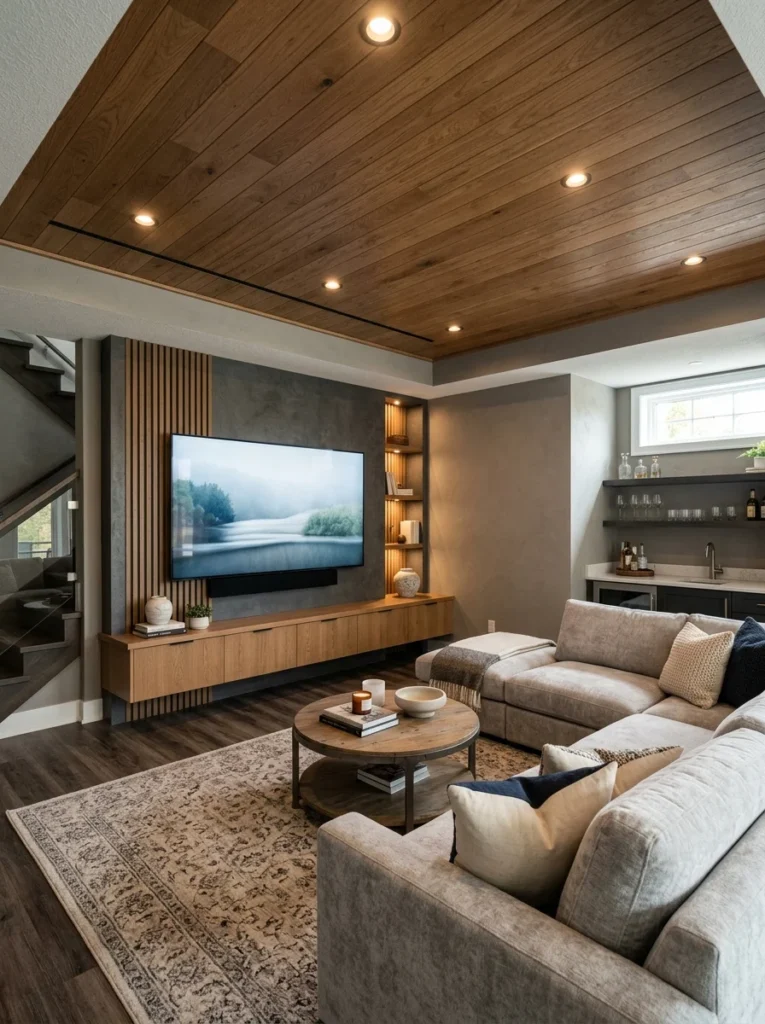 Engineered wood ceiling planks in a finished basement.
