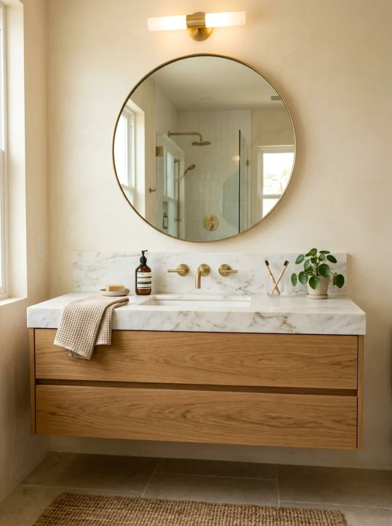 Smart bathroom mirror with integrated LED lighting.