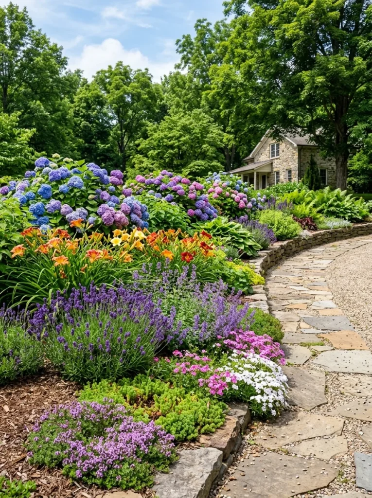 Layered flower beds bordering a driveway.
