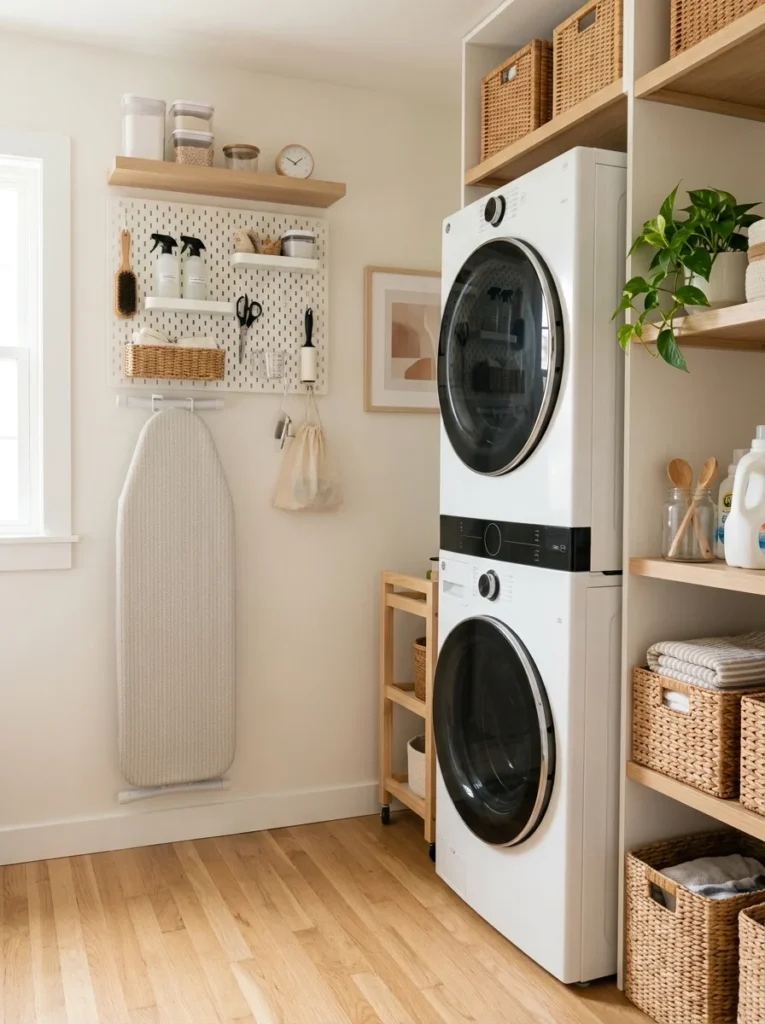 Folded ironing board stored neatly on a wall-mounted bracket in a small laundry nook.