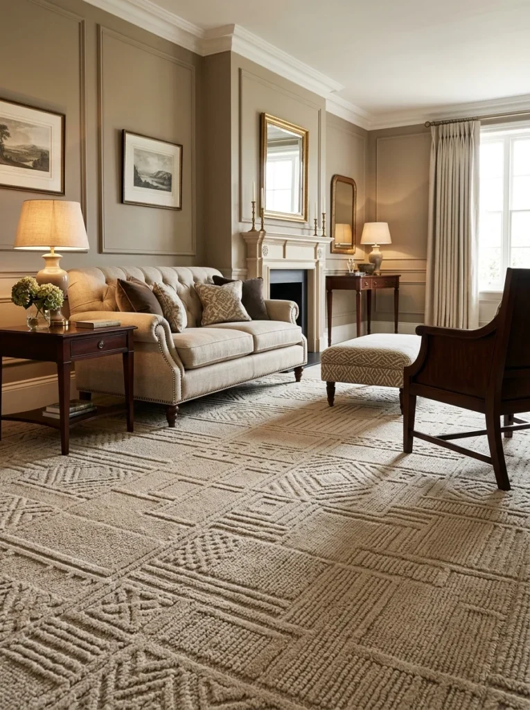 Cut-and-loop tufted carpet in a refined formal living room.