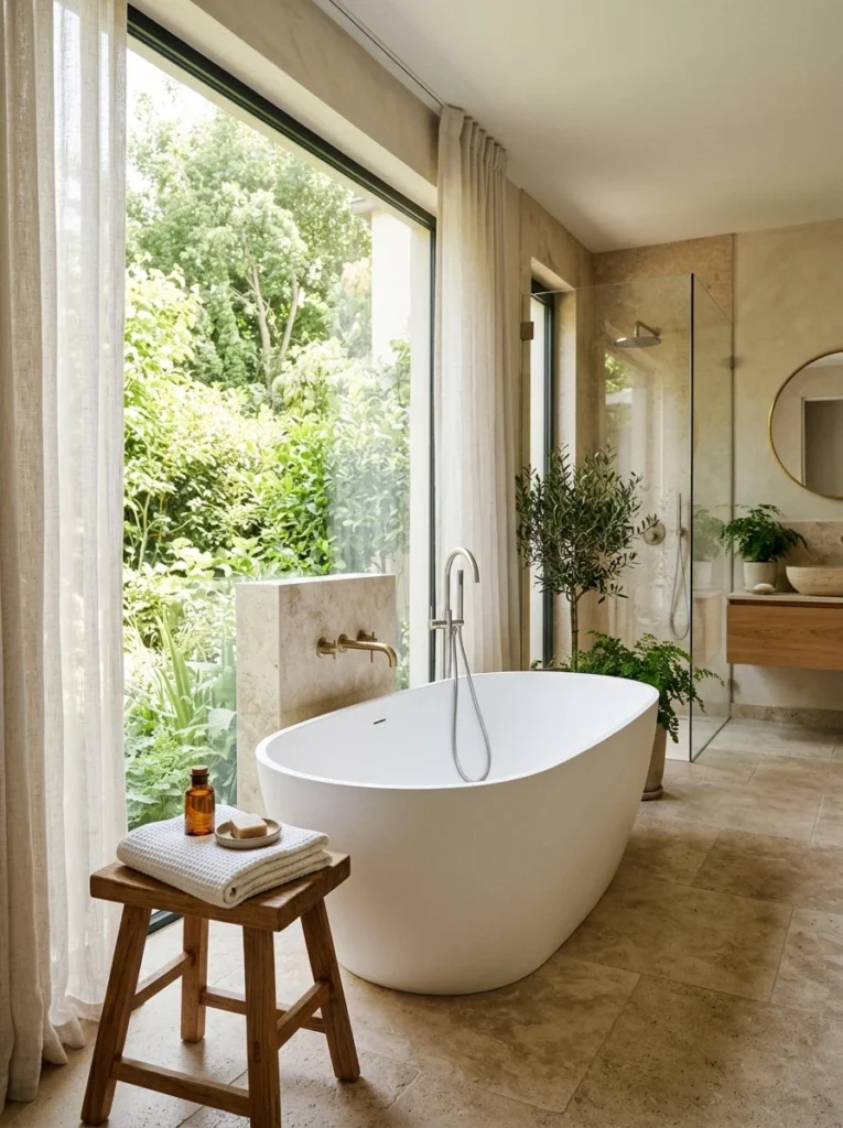 Freestanding soaking tub beside a large window in a luxury bathroom.