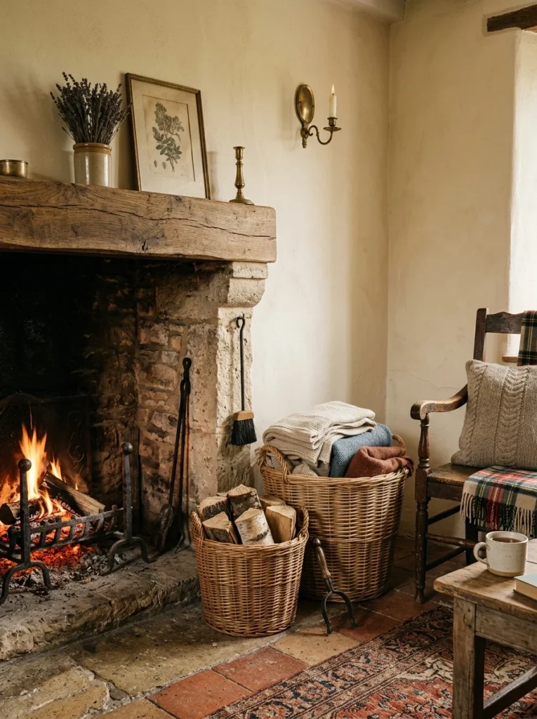 Woven baskets storing throw blankets and firewood in a French country living room.