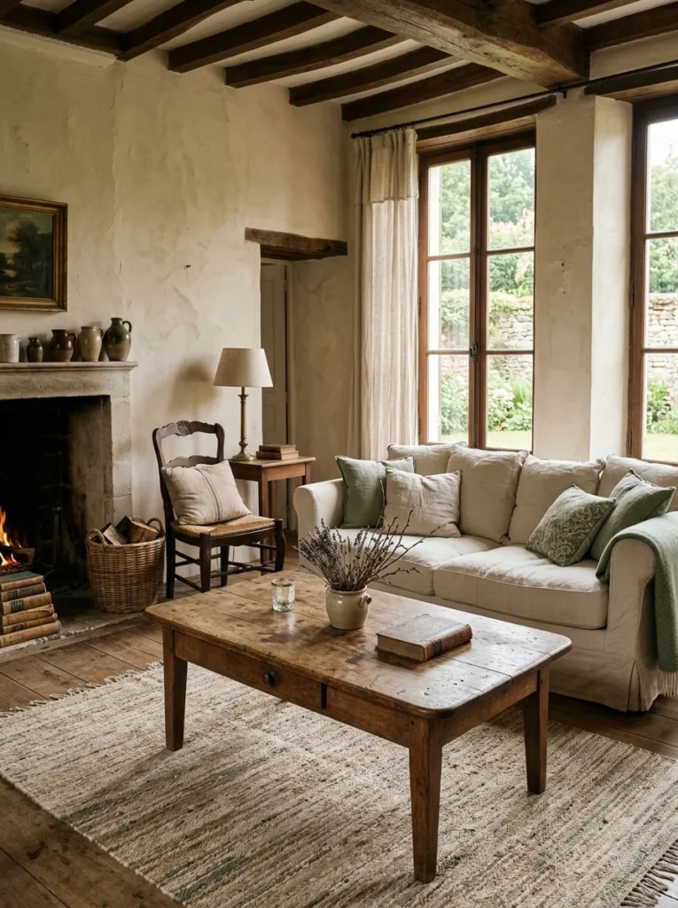 rench country living room with a weathered wood coffee table and naturally aged furniture.