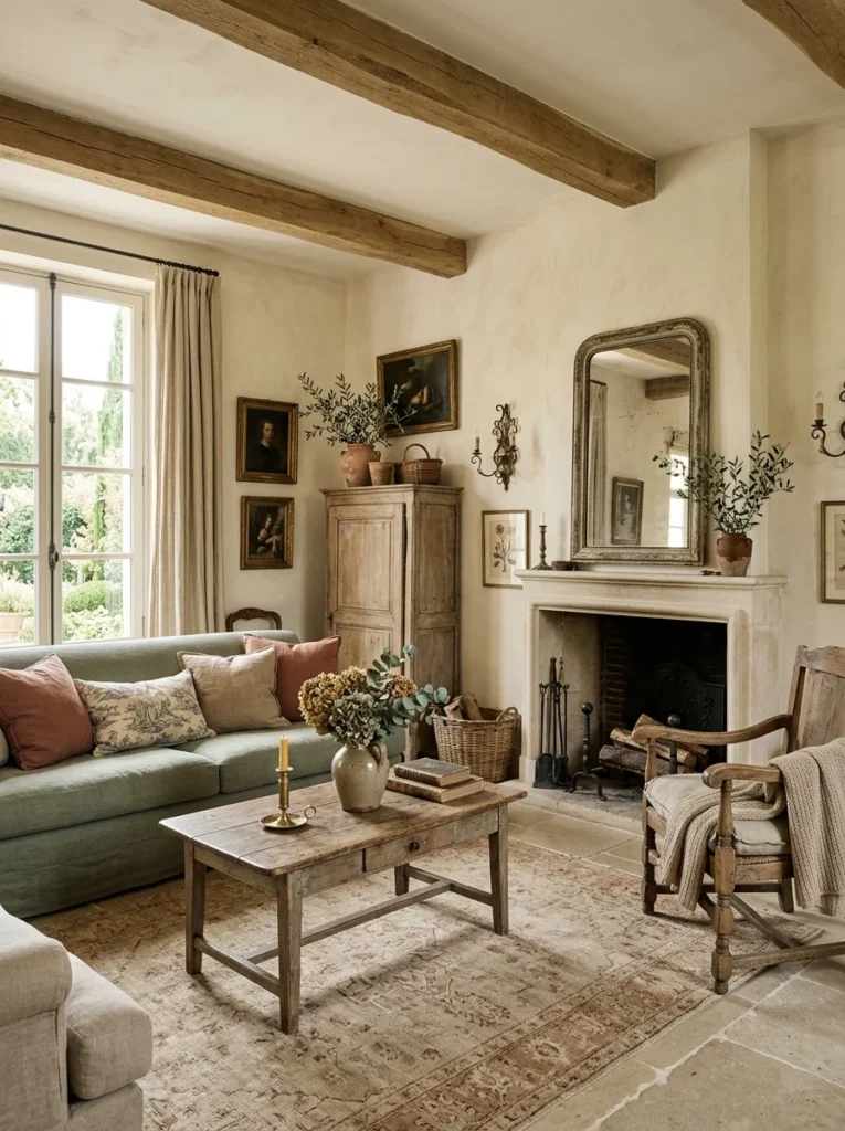French country living room decorated with warm cream, sage green, and dusty terracotta tones.