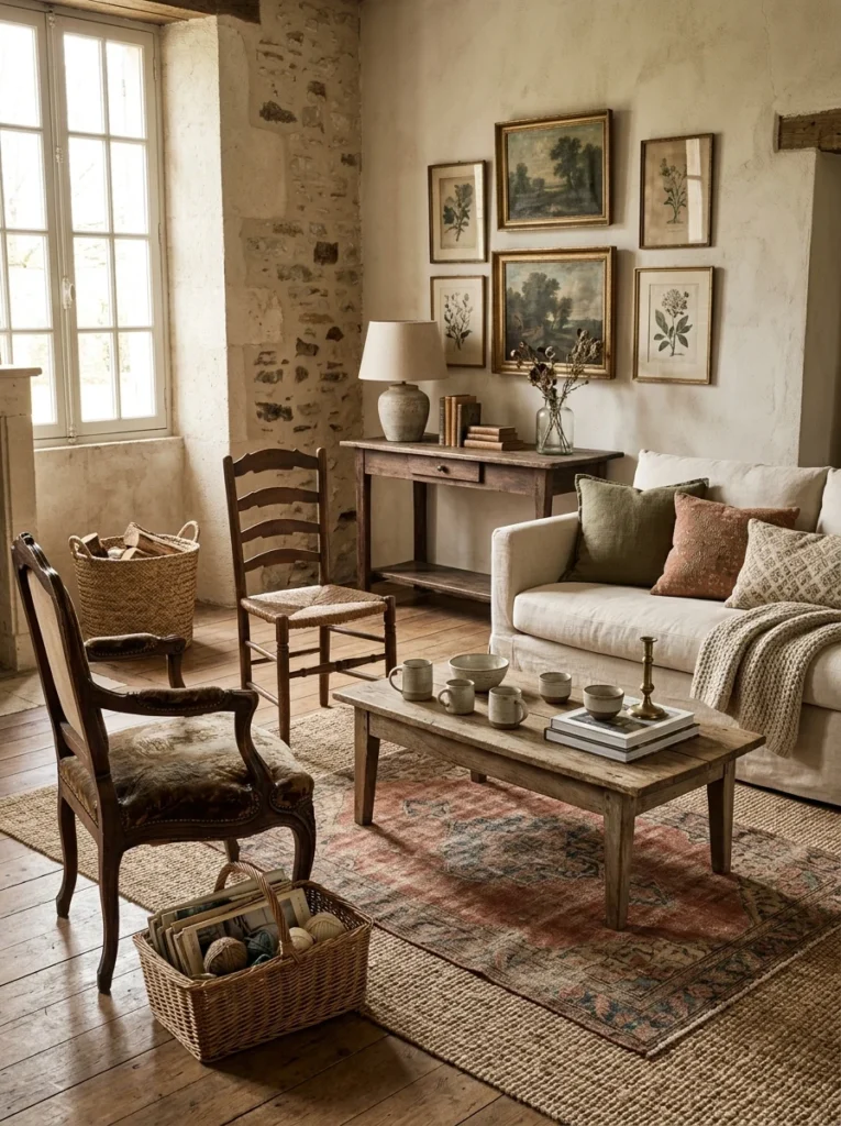 : French country living room with mismatched vintage furniture and collected decor.
