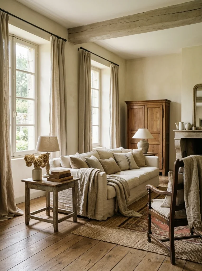 French country living room layered with linen curtains, slipcovers, pillows, and soft throws.
