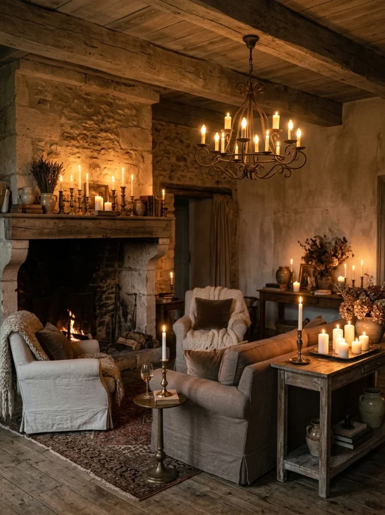 ch country living room illuminated by candles and warm low evening lighting.