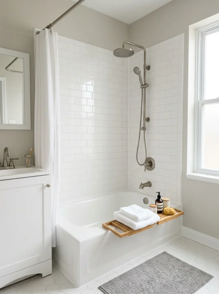 Rental bathroom refreshed with clean new caulk around the bathtub.