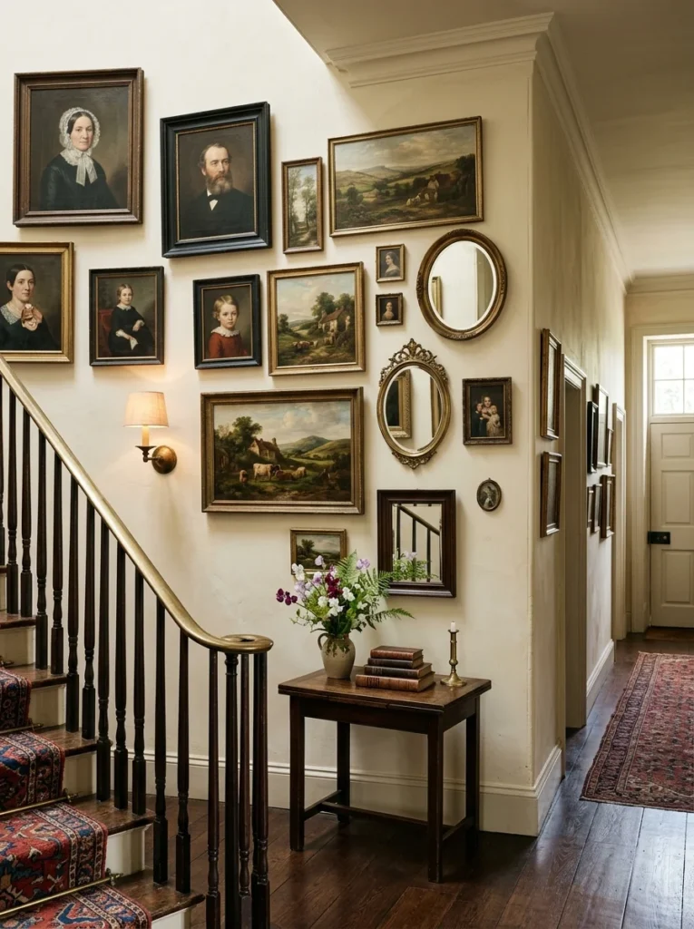 Vintage portrait and landscape gallery wall with mixed traditional frames and mirrors in a classic hallway.