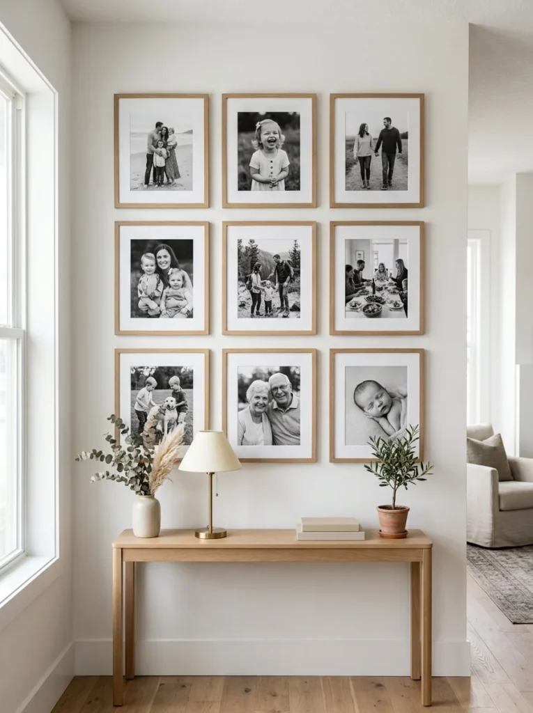 Matching picture frames creating a cohesive gallery wall.