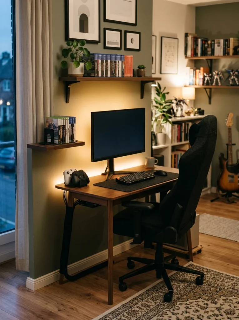 Organized hobby room gaming setup with ergonomic chair, monitor, subtle LED lighting, and hidden cables.
