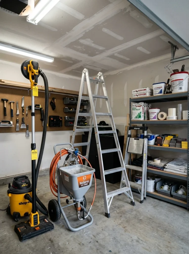 ental equipment prepared for popcorn ceiling removal.