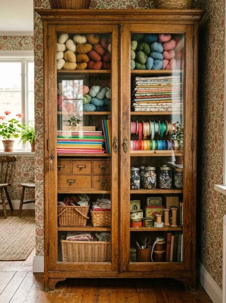 Vintage glass-front cabinet displaying colorful organized craft supplies.