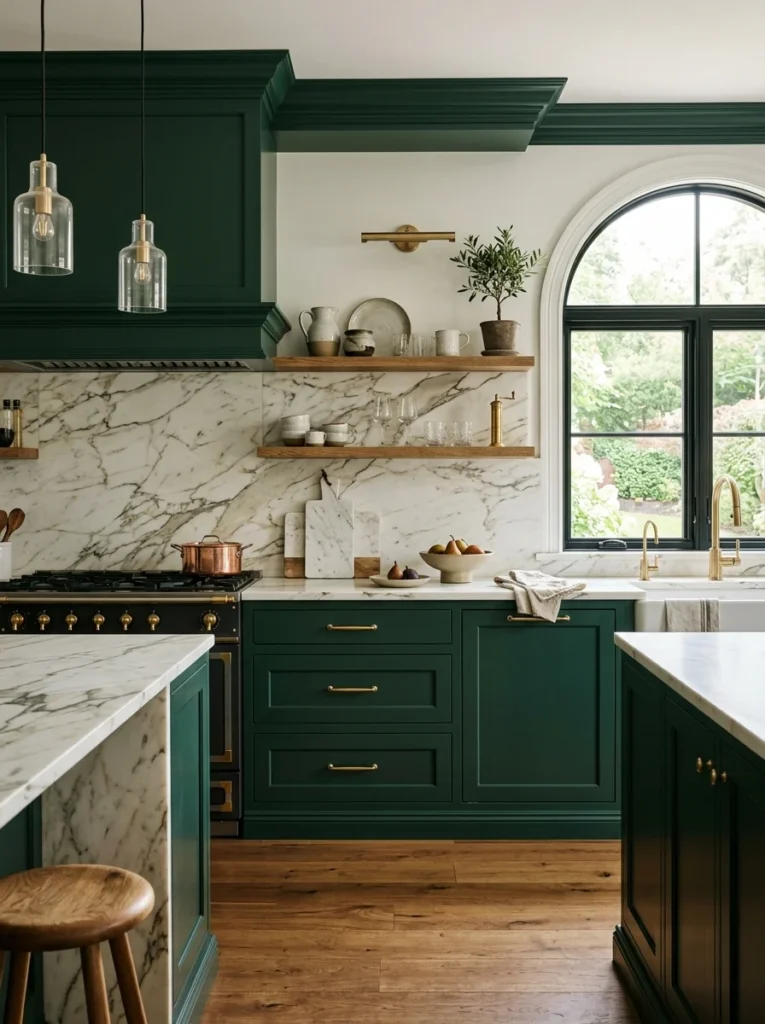 Muted clay pink kitchen cabinets creating subtle warmth with natural wood accents.