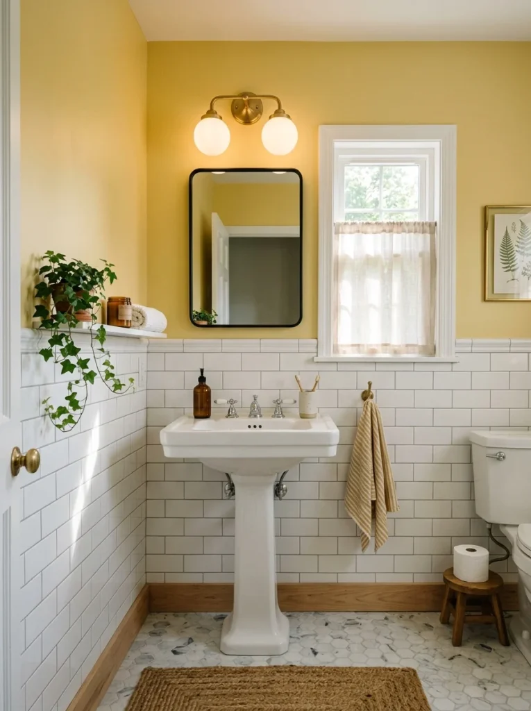 Bright yellow guest bathroom with black and brass accents.