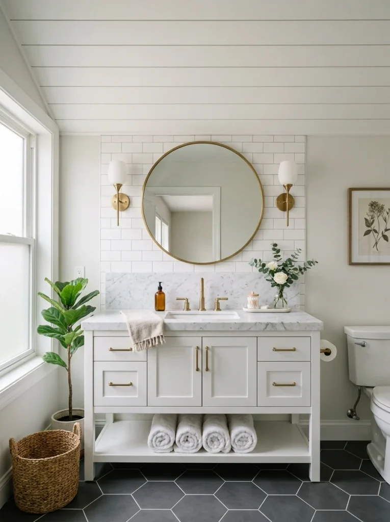 White shiplap ceiling creating a bright bathroom.