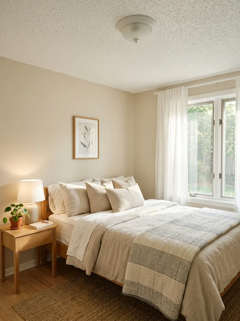 Modern living room showing a popcorn ceiling transformed into a smooth designer ceiling.