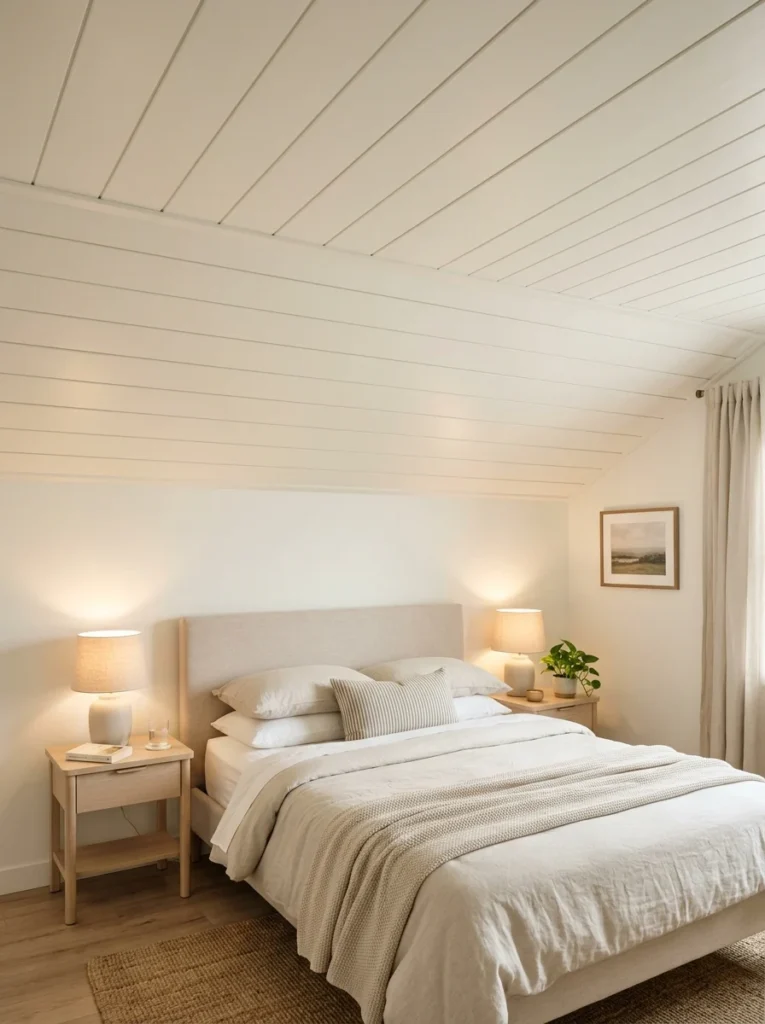 Painted MDF faux shiplap ceiling creating an affordable shiplap look in a guest bedroom.