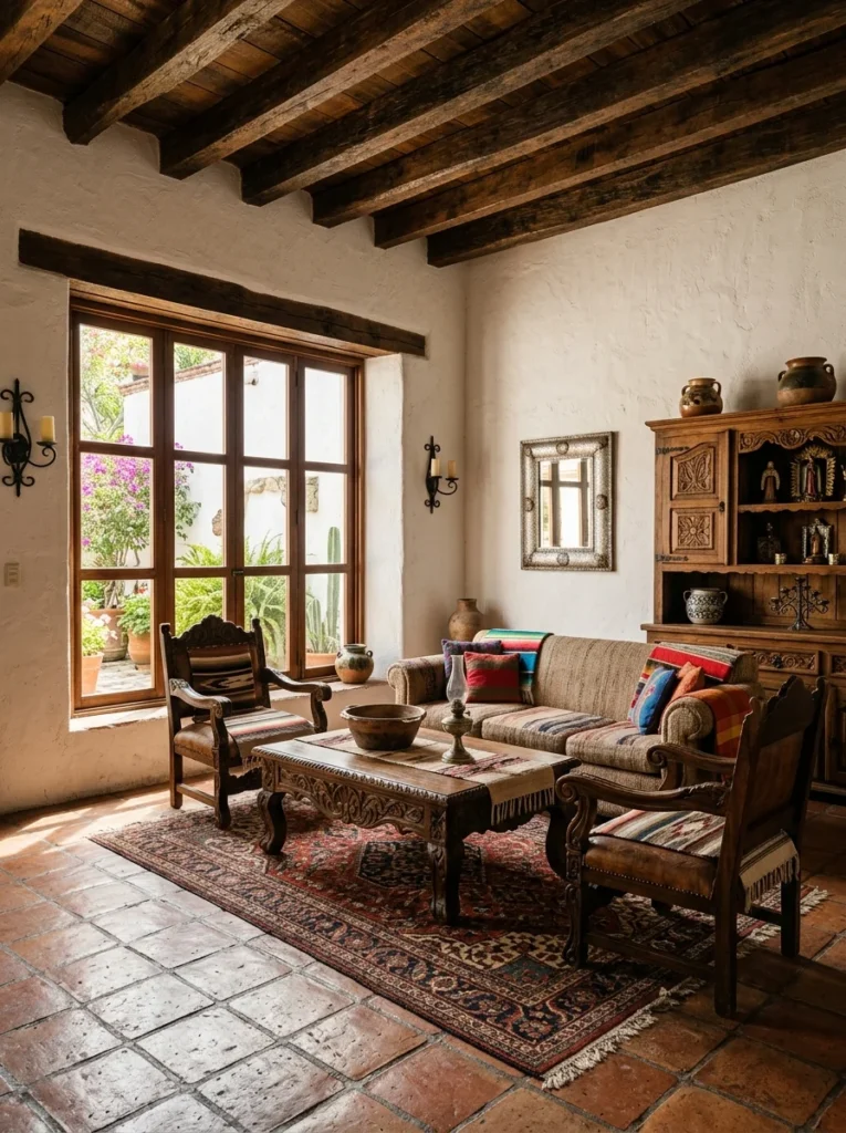 Rustic reclaimed wood beams in a Mexican-style home.