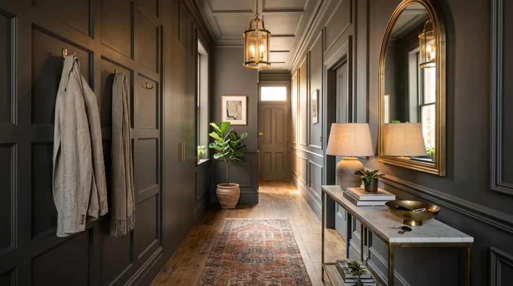 Luxurious renovated hallway with dark walls, statement mirror, console table, and vintage runner rug.
