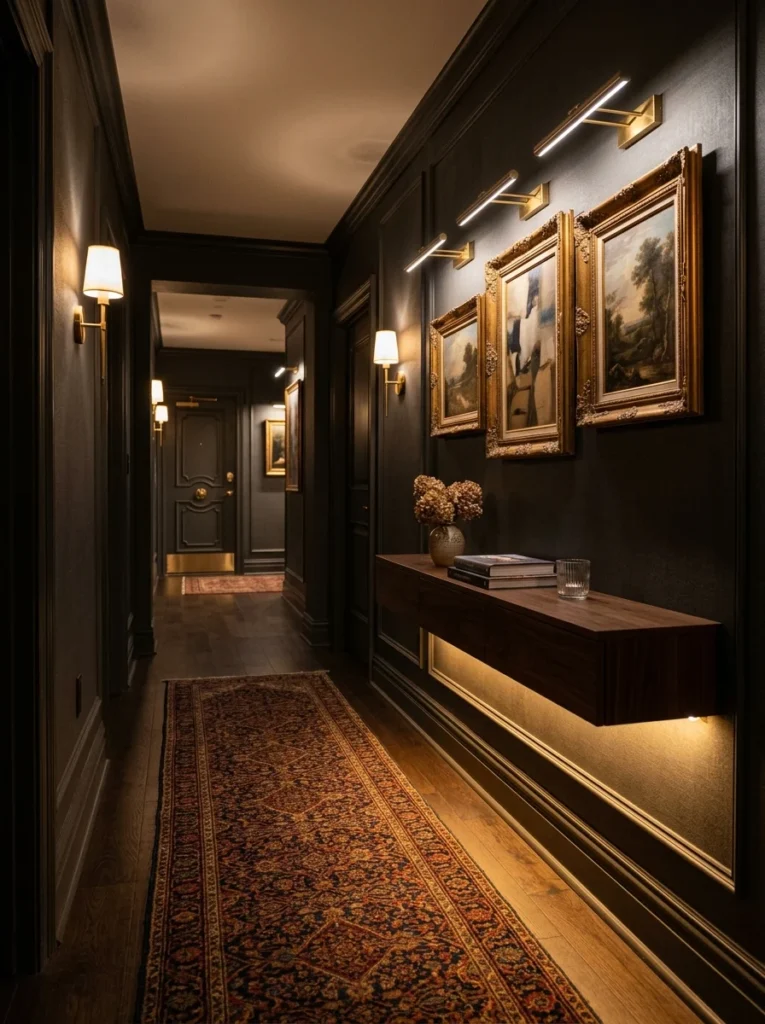 Hallway illuminated at night with warm accent lighting.