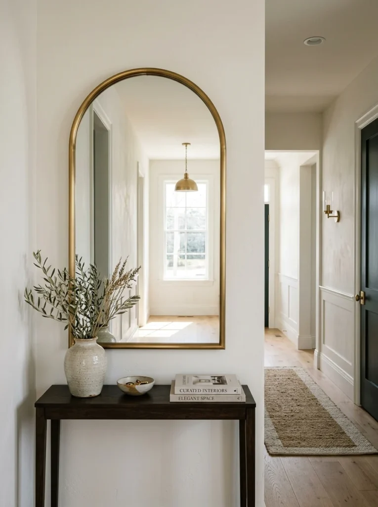 Oversized arched statement mirror in a stylish hallway.