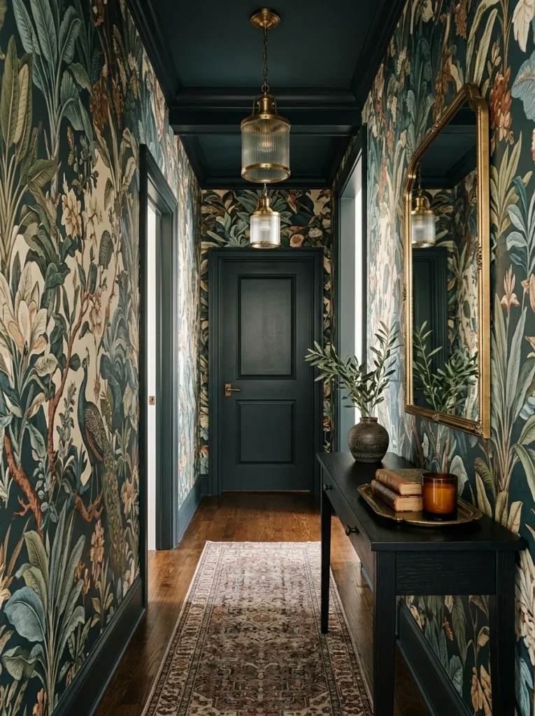 Hallway renovated with bold botanical wallpaper.