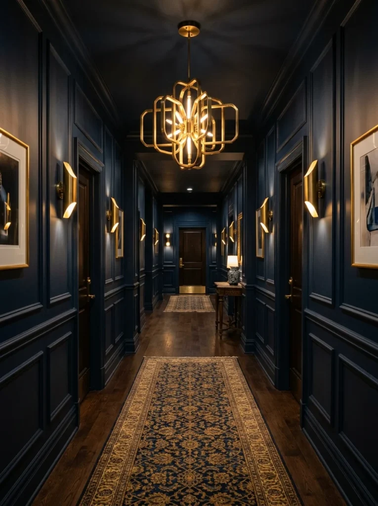 Hallway upgraded with elegant pendant lighting and wall sconces.