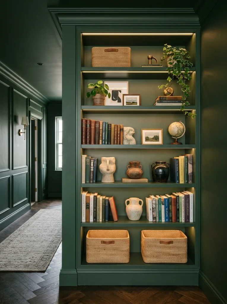 Custom built-in hallway shelving with books and decorative storage.