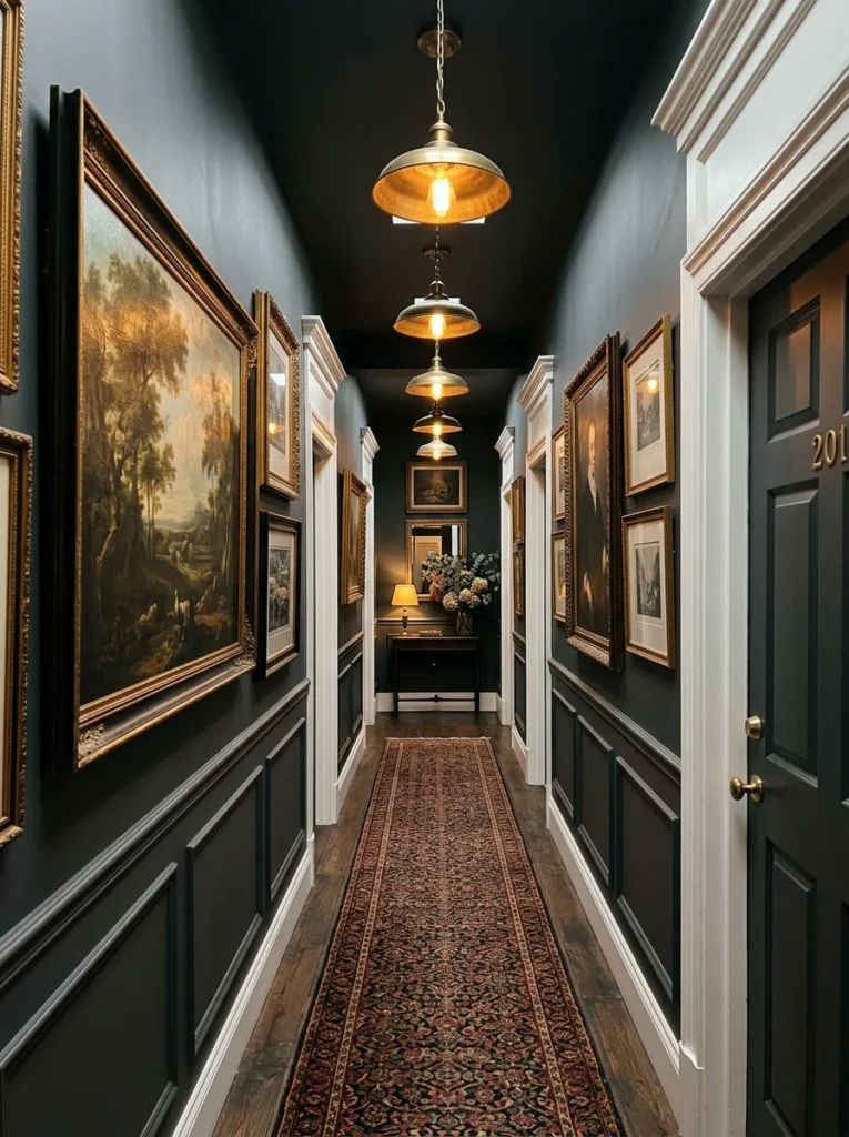 Hallway with dramatic charcoal feature ceiling and matching walls.