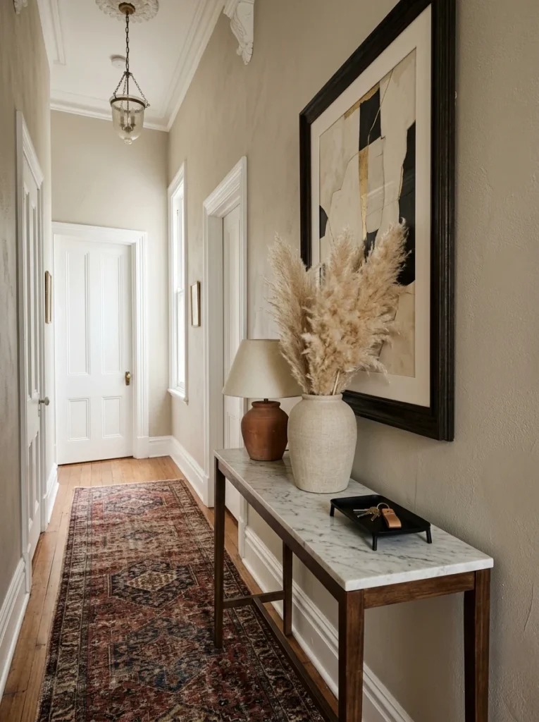 Hallway console table styled with a lamp, vase, and key tray.