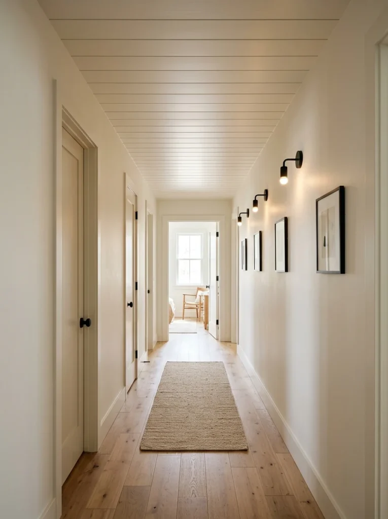 Shiplap ceiling boards running across a narrow hallway to make the space appear wider.
