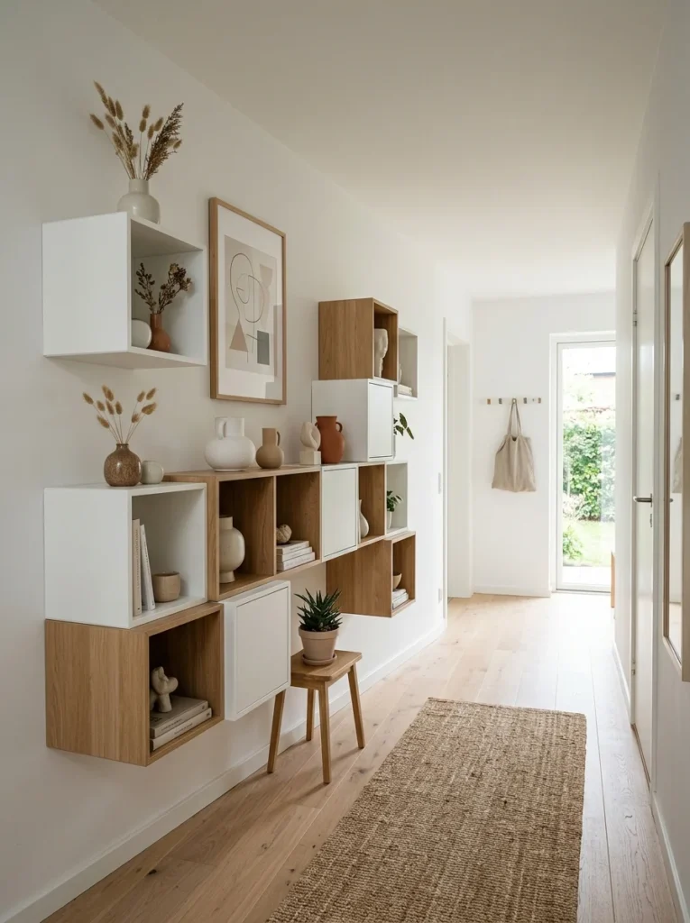 Floating IKEA EKET cabinets creating modern wall storage.