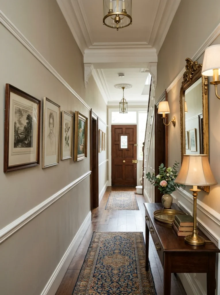 Hallway with elegant cove and picture rail molding.