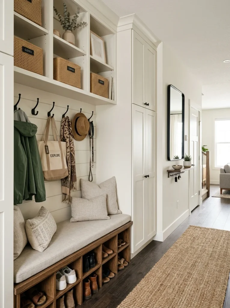 Hallway with built-in shoe and coat storage system.